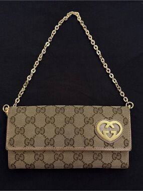 Gucci Brown GG Canvas Wallet on Chain with Gold-Tone Heart Logo
